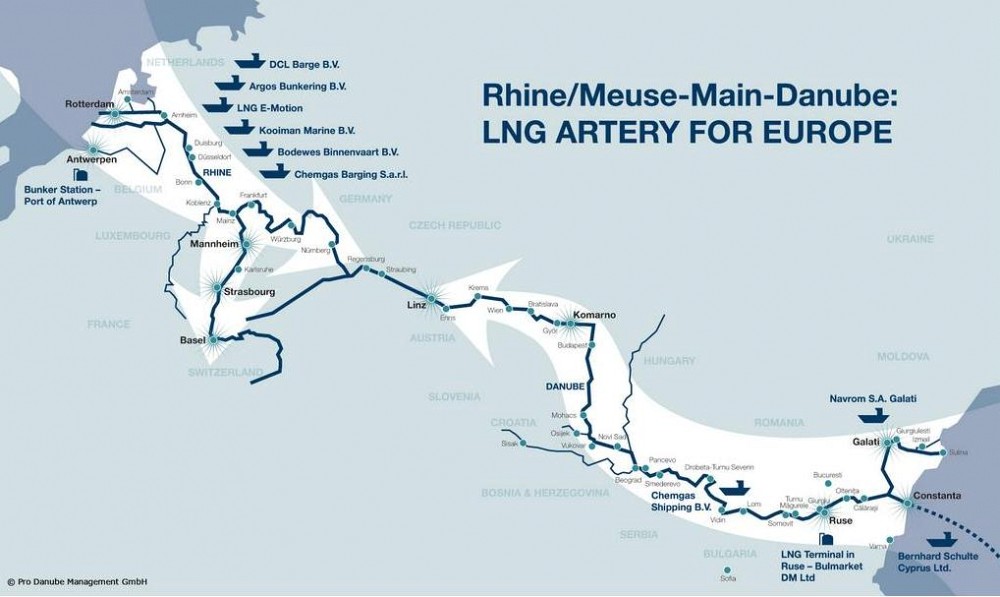 Zemljevid: Načrt rečnega transporta LNG v Evropi, Vir: projekt »LNG Masterplan«, http://www.lngmasterplan.eu